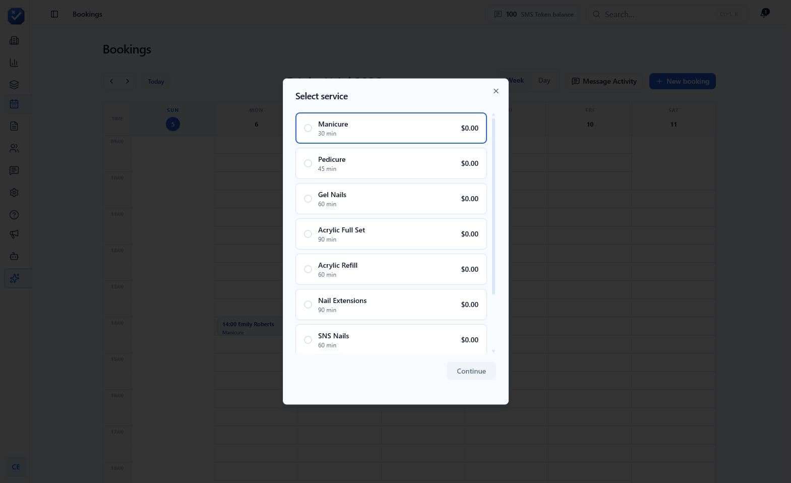 New booking service selection for a sample business workspace