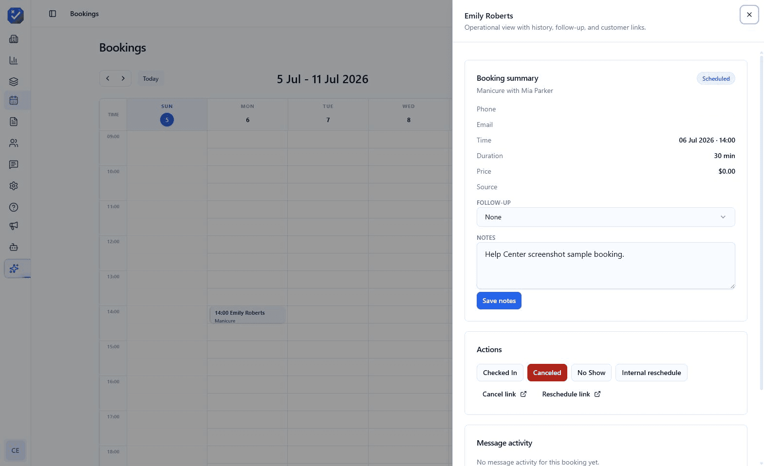 Booking detail actions with no-show option