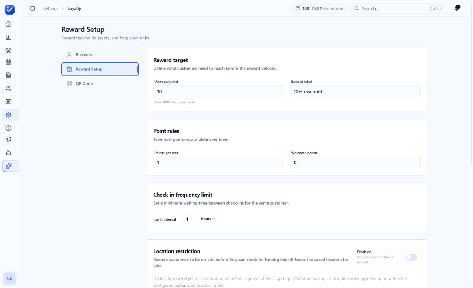 Reward setup for a sample business workspace