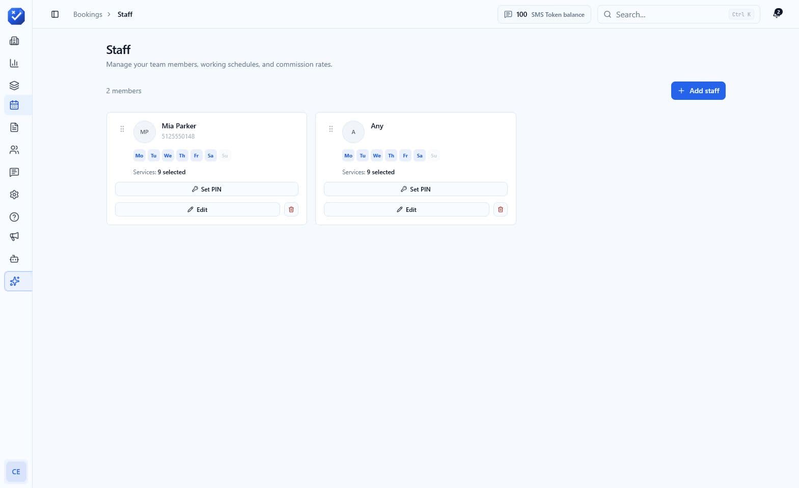 Staff page with clock-in PIN actions for a sample business
