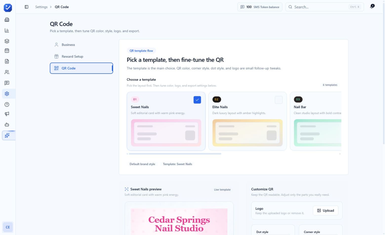 QR code setup for a sample business check-in flow