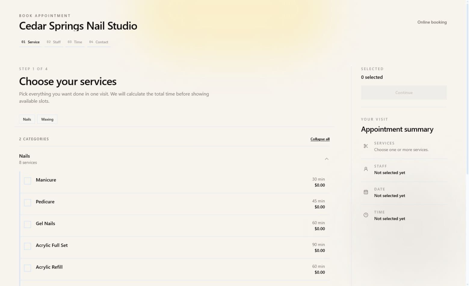 Public booking link for a sample business