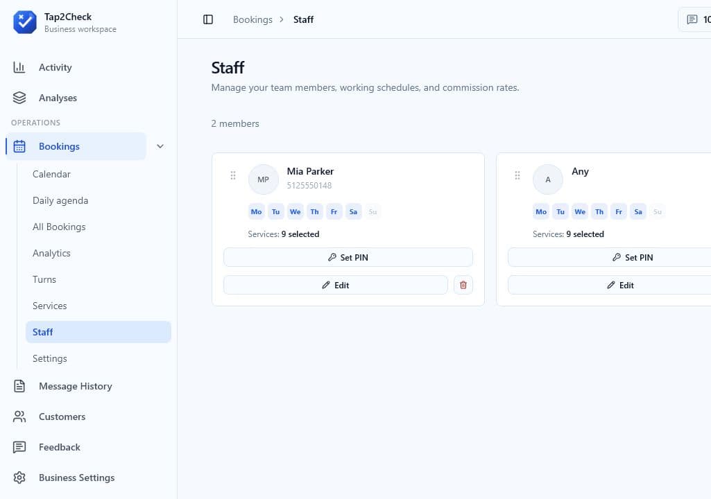 Staff list for a sample business workspace