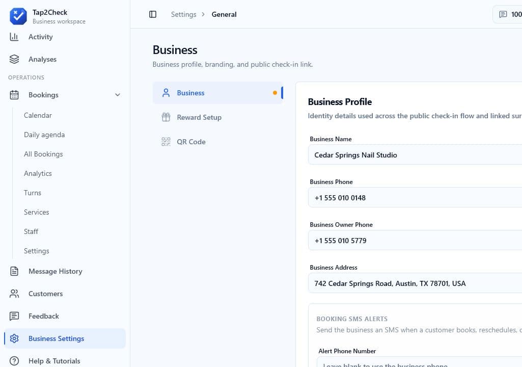 Notification settings for a sample business
