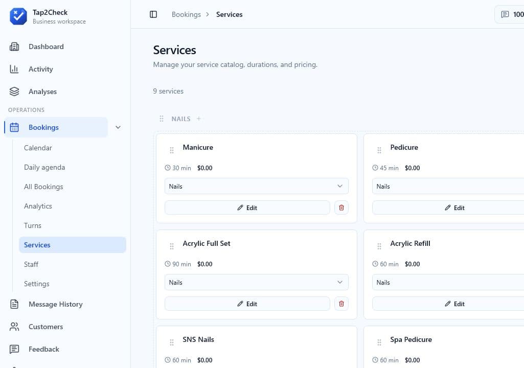 Service catalog for a sample business