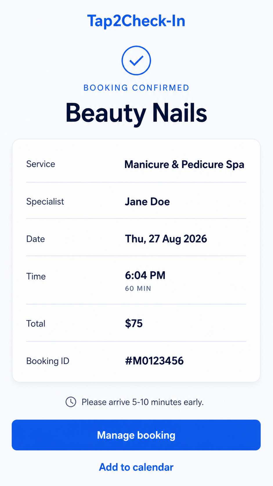 Booking confirmation for a Beauty Nails appointment