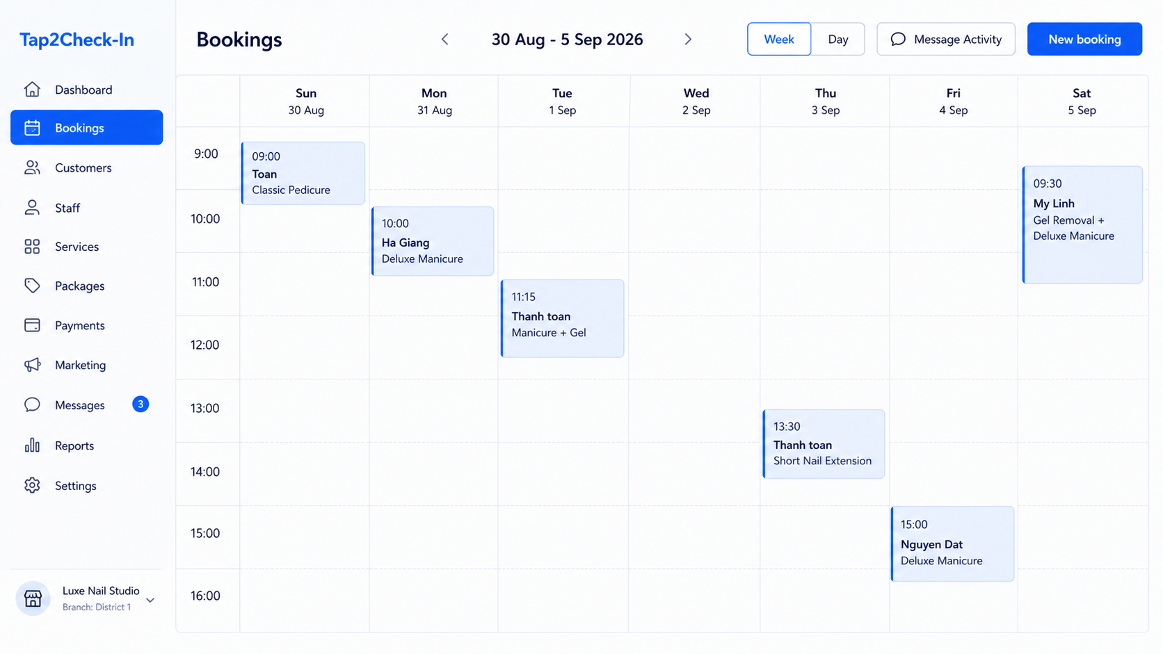 Booking calendar showing a week of appointments