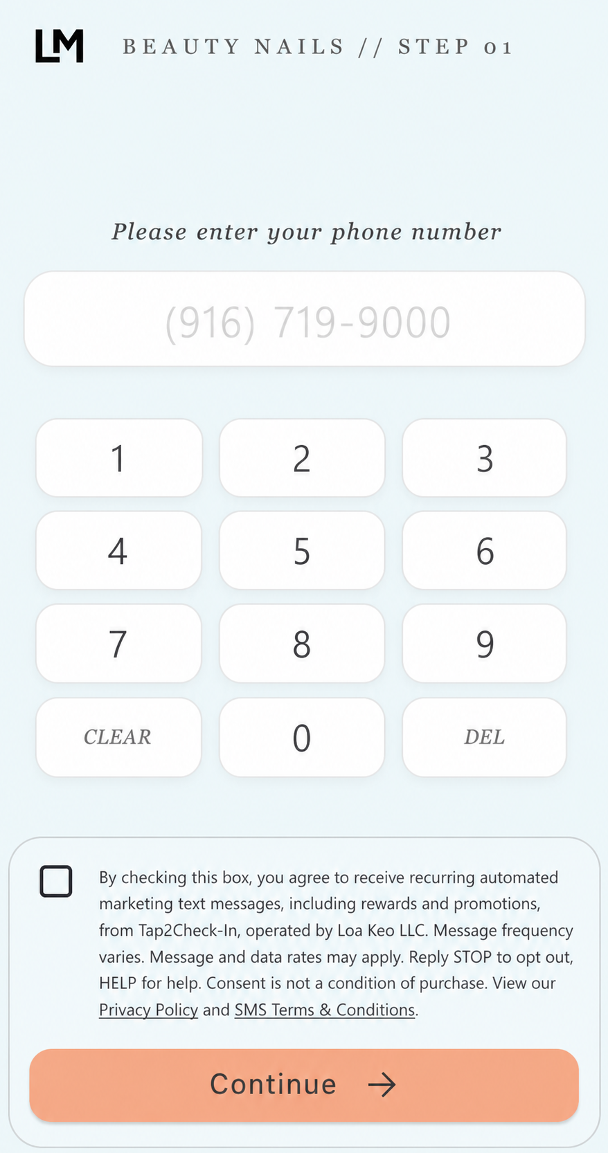 LM Beauty Nails phone check-in and SMS consent screen